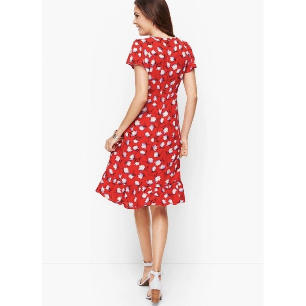 Talbots Classic Red Floral Flutter Sleeve Flounce Hem Dress Women’s Size 6P EUC - Picture 16 of 16